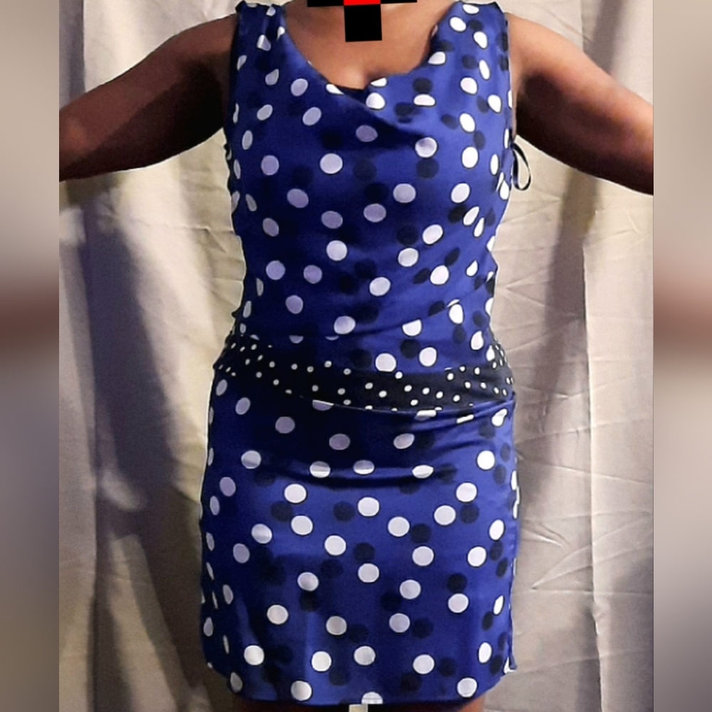 Blue, black, and white dress